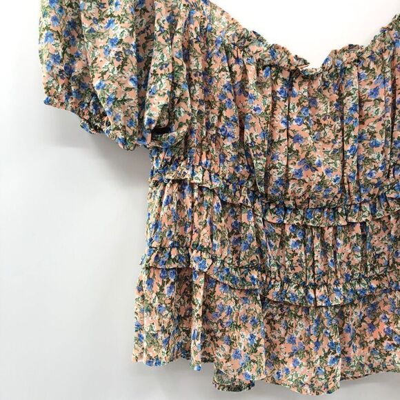 ASTR The Label Ruffle Ruched Short Sleeve Top‎ PEACH BLUE DITSY M - Picture 3 of 8